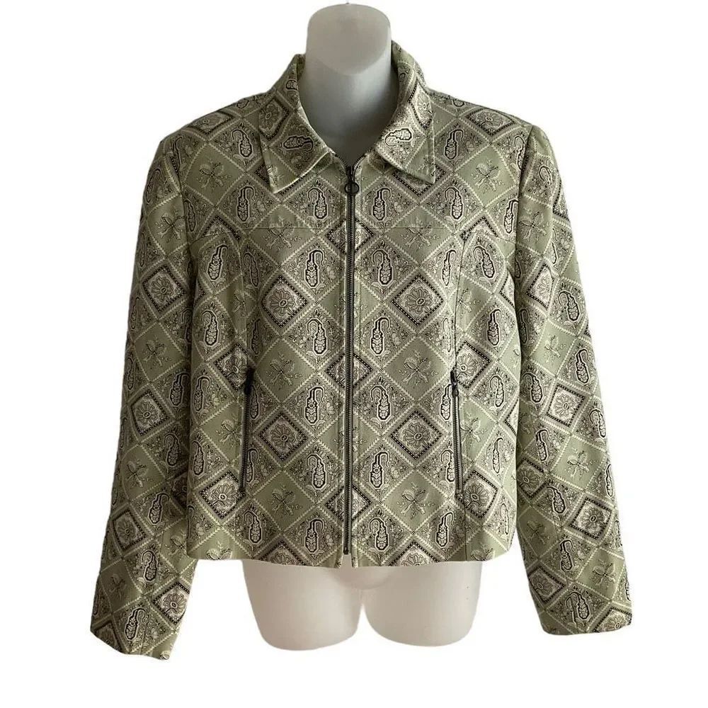 Carlisle Jacket Zip Front Green Black Bow Floral Print Zip Cuffs Rare Vintage 14